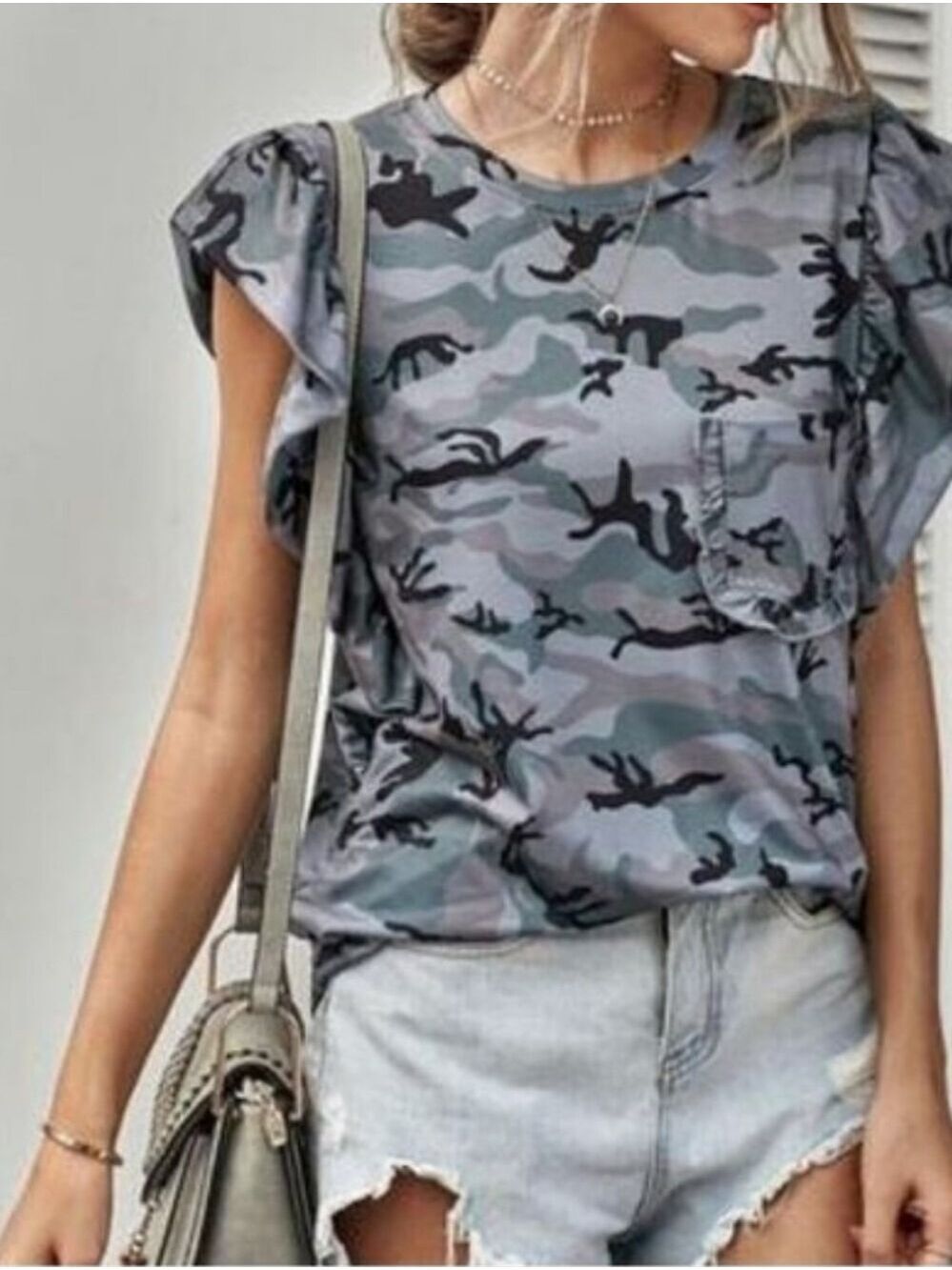 TRÏBE Gray Camouflage Print Ruffled Cap Sleeve T-shirt Top Size XL NWT